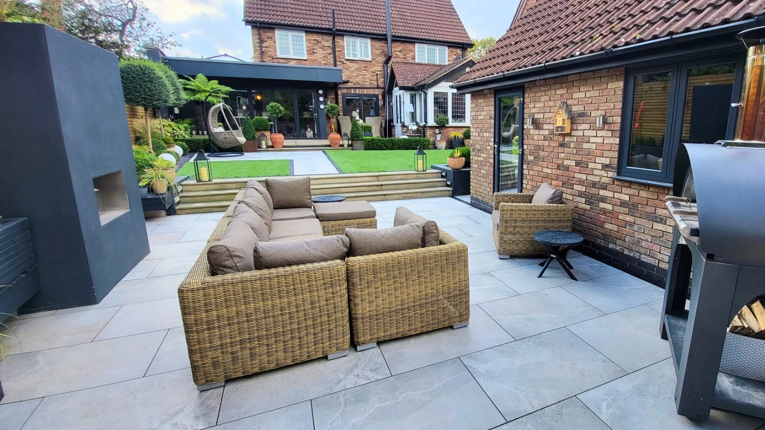 Sue and John's garden - seating area and egg chair